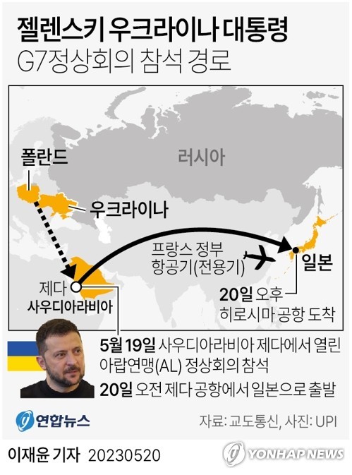 [그래픽] <b>젤렌스키</b> 우크라이나 대통령 G7정상회의 참석 경로