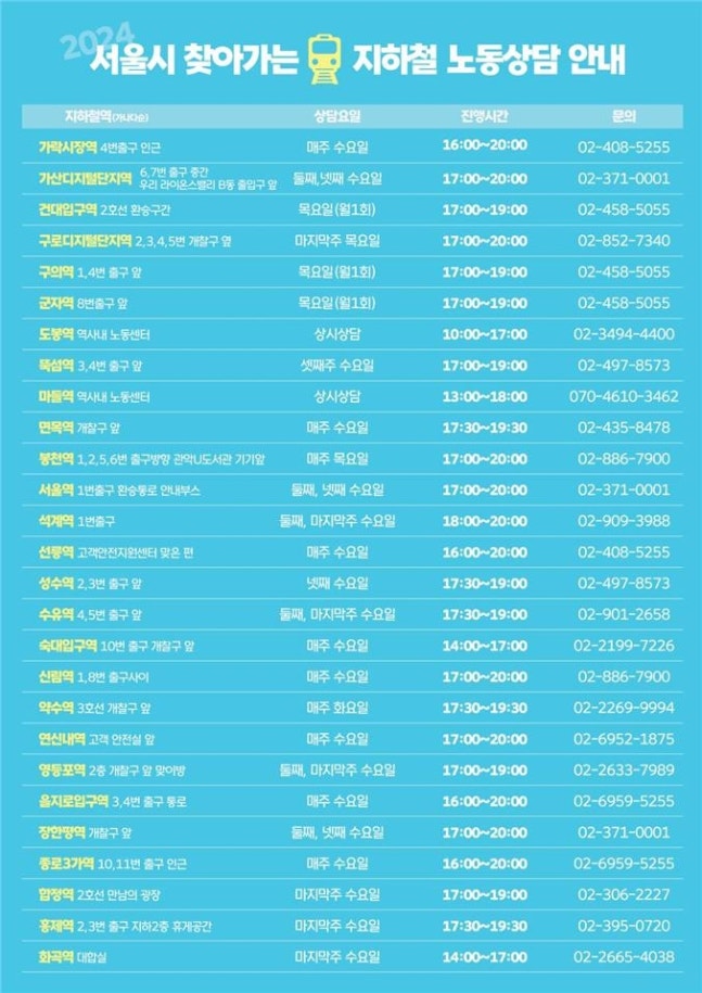 2024 서울시 '찾아가는 지하철 노동상담' 안내 포스터
[서울시 제공. 재판매 및 DB 금지]