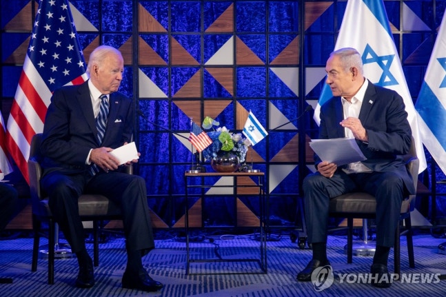 Biden meeting with Netanyahu in Israel last October
President Joe Biden meeting with Benjamin Netanyahu, Prime Minister of Israel, during his visit to Tel Aviv, Israel on October 19, 2023.
[China Yonhap News file photo. Not for resale or DB]