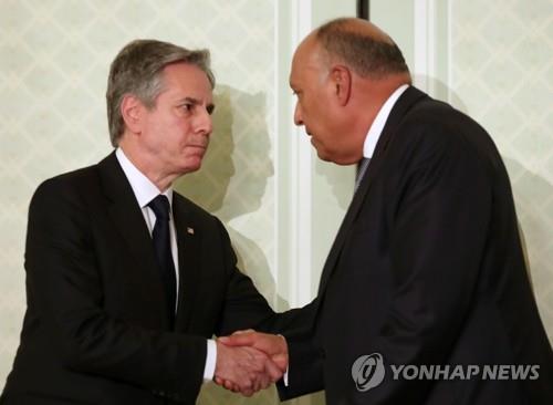 Blinken (left) and Sookri shaking hands in Cairo on March 21
[EPA News photo]