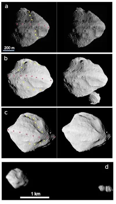 딘키네시 소행성과 위성 셀람
a, b, c는 각각 2023년 11월 1일 루시 탐사선이 촬영한 딘키네시 소행성이며, d는 6분 후 촬영한 딘키네시와 위성 '셀람' 모습. [NASA/SwRI/Johns Hopkins 
