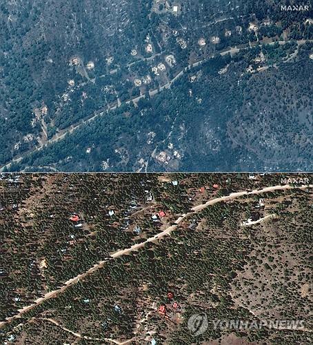 산불이 휩쓸고 간 미국 뉴멕시코주 마을의 산불 전(아래)과 후(위) 위성 사진
[AFP=연합뉴스. 막사테크놀로지 제공]