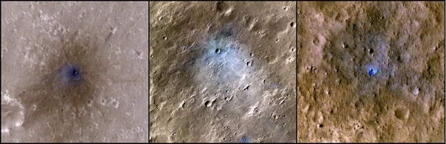 화성 표면에 운석 충돌로 만들어진 충돌구들
NASA 탐사선 인사이트(InSight)의 지진계가 충돌 지진이 감지된 뒤 화성 정찰 궤도선(Mars Reconnaissance Orbiter) 고해상도 이미지 과학 장비(