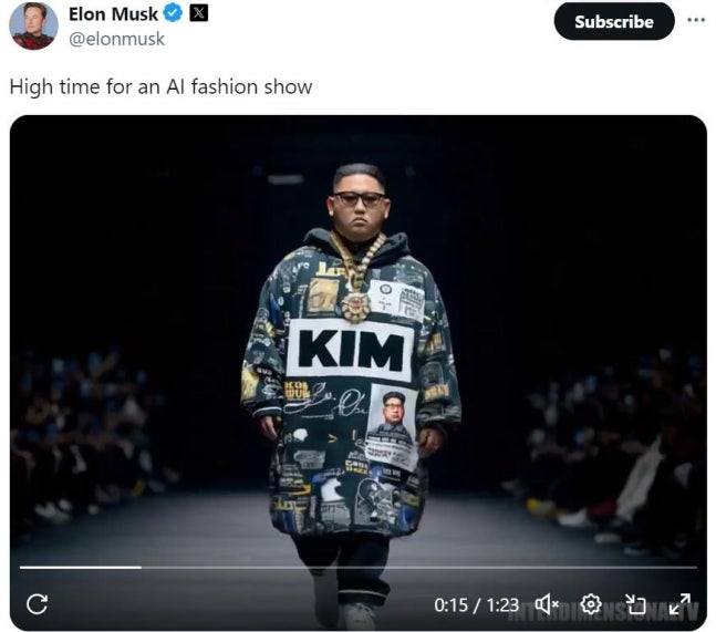 A video of an 'AI Fashion Show' posted by Elon Musk, CEO of Tesla [Musk X post capture. Redistribution and DB prohibited]