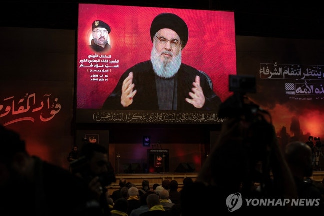Speech by Hezbollah's top leader, Hassan Nasrallah, broadcast on TV 
[Reuters News Agency. Distribution and DB Prohibited]
