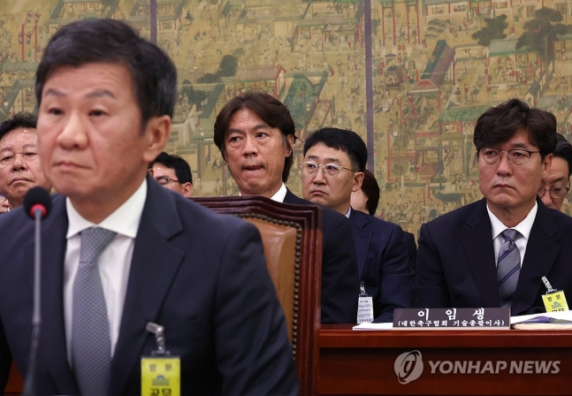 정몽규, 홍명보, 이임생 (서울=연합뉴스) 신준희 기자 = 축구 국가대표팀 홍명보 감독과 이임생 대한축구협회 기술총괄이사가 24일 국회에서 열린 문화체육관광위원회 전체회의에서 나란히 앉아 있다. 앞은 정몽규 대한축구