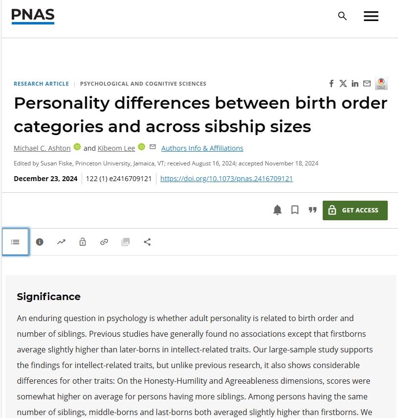 출생 순서와 형제자매 수에 따른 성격 차이 논문 (서울=연합뉴스) 미국 국립과학원회보(PNAS)가 23일(현지시간) 발간한 캐나다 온타리오주 브록대 심리학과 마이클 애시튼 교수와 앨버타주 캘거리대 심리학과 이기범 교