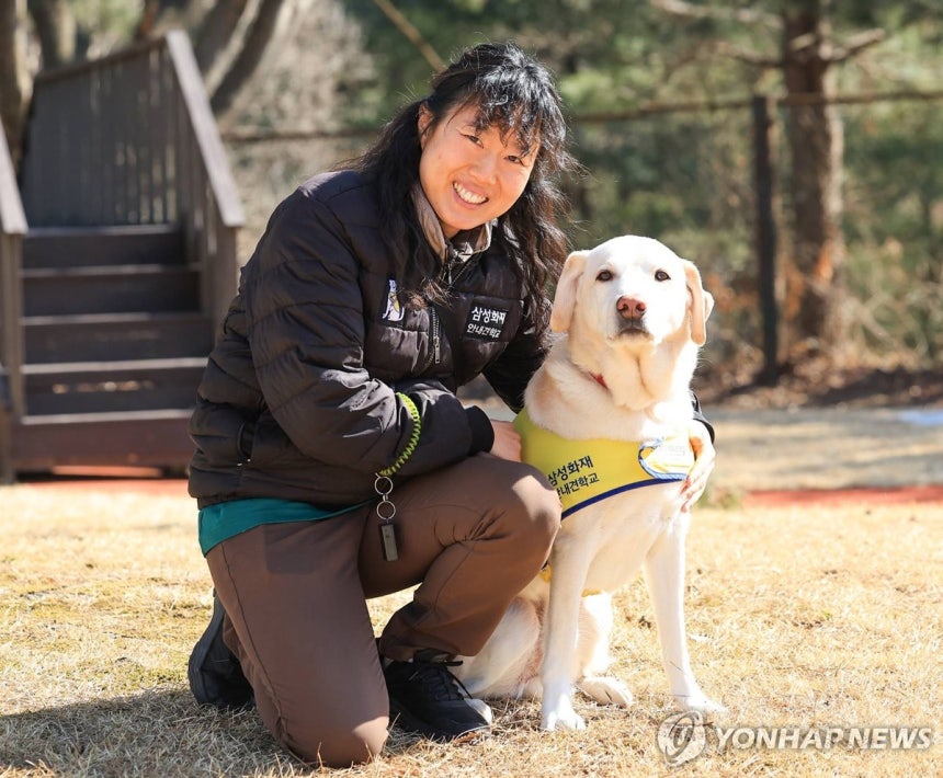 "사진 찍을 때 시선은 앞으로"
지난 20일 경기 용인시 삼성화재 안내견 학교에서 만난 안내견 조이와 홍아름 훈련사. [삼성화재 안내견학교 제공. DB 및 재판매 금지] 2025.2.22.