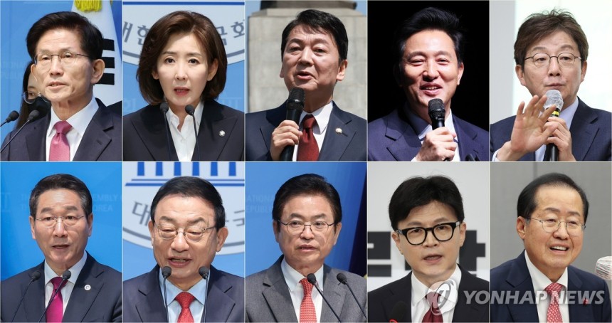 국민의힘 제21대 대통령선거 출마자 및 출마 예상자 국민의힘 제21대 대통령선거 출마자 및 출마 예상자 윗줄 왼쪽부터 김문수 전 고용노동부 장관, 나경원 의원, 안철수 의원, 오세훈 서울시장, 유승민 전 의원. 아랫