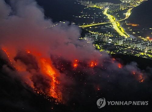 민가 인근에서 타오르는 산불
(대구=연합뉴스) 윤관식 기자 = 대구 대형 산불 발생 이틀째인 29일 오전 대구 북구 함지산이 불타고 있다. 2025.4.29 psik@yna.co.kr