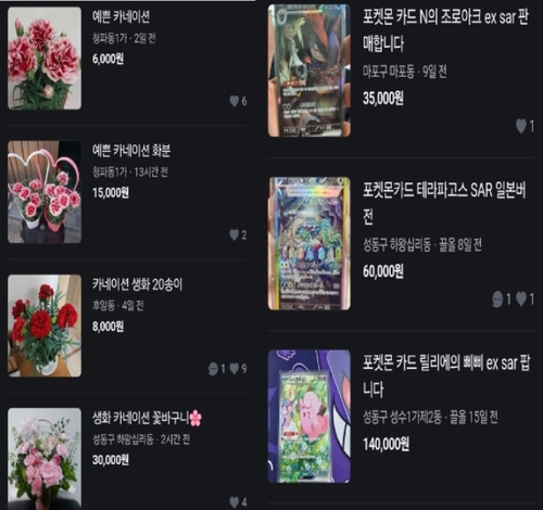 당근에서 판매되는 카네이션과 포켓몬 캐릭터 카드 [당근 캡처.재판매 및 DB 금지]