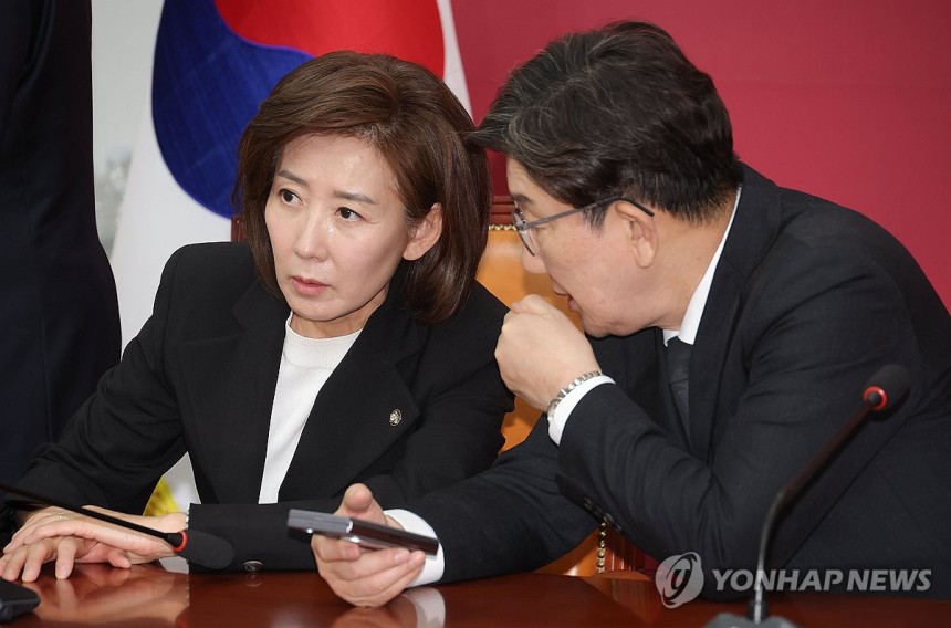 대화 나누는 권성동-나경원
(서울=연합뉴스) 류영석 기자 = 국민의힘 대선 선거대책위원장에 내정된 나경원 의원과 권성동 원내대표가 4일 국회에서 열린 당 선거대책위원회 회의에서 대화를 나누고 있다. 2025.5.4 