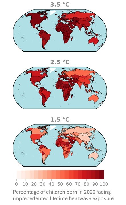 세가지 온난화 시나리오별 '전례 없는 폭염'에 노출되는 어린이 비율 [Grant et al,2025,Nature 제공.재판매 및 DB 금지]