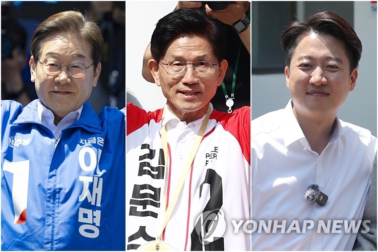 이재명, 김문수, 이준석 후보
(부산·진주=연합뉴스) 14일 부산 유세 나선 이재명 후보(왼쪽부터), 진주에서 유세하는 김문수 후보, 부산대 학생들 만난 이준석 후보