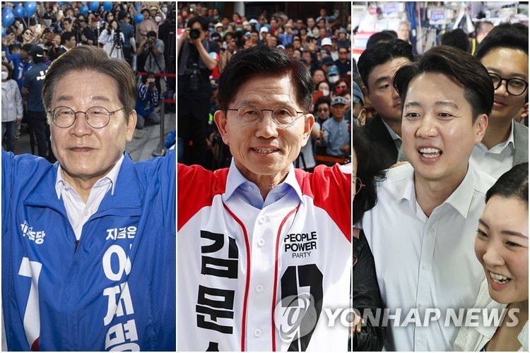 이재명, 김문수, 이준석 후보
(거제·밀양·부산=연합뉴스) 14일 거제에서 지지자들에게 인사하는 이재명 후보(왼쪽부터), 밀양 찾아 유세하는 김문수 후보, 부산 자갈치시장에서 시민들 만나는 이준석 후보