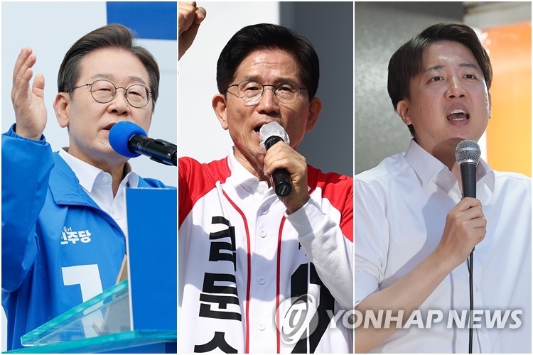 이재명, 김문수, 이준석 후보
(창원·진주·대구=연합뉴스) 14일 창원에서 지지 호소하는 이재명 후보(왼쪽부터), 진주광미사거리에서 유세하는 김문수 후보, 13일 대구 2.28기념중앙공원에서 집중유세하는 이준석 후보