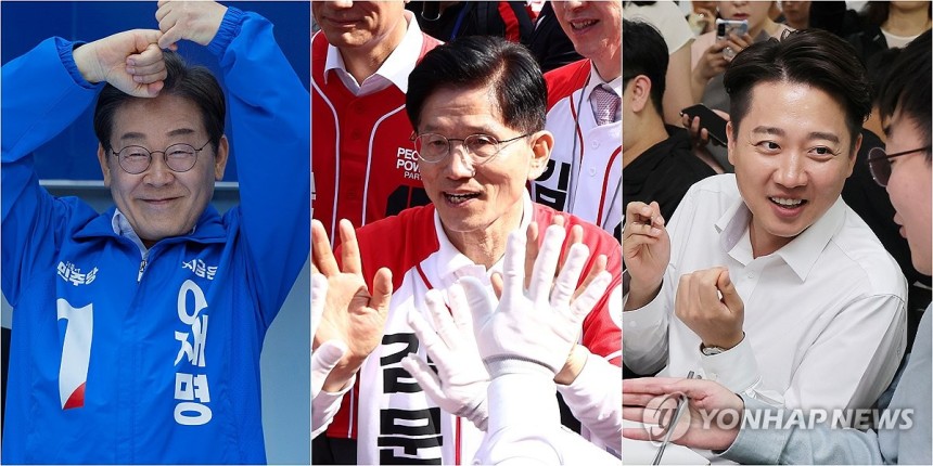 시민들과 소통하는 이재명·김문수·이준석 대선후보들
(서울=연합뉴스) 황광모 박동주 유영석 기자 = 14일 더불어민주당 이재명 대선 후보(사진 왼쪽부터)가 부산진구 서면에서, 국민의힘 김문수 대선 후보가 경남 진주시 