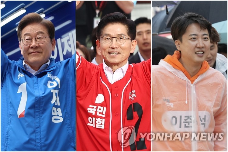 이재명, 김문수, 이준석 후보
(서울=연합뉴스) 19일 서울 영등포구 타임스퀘어에서 유세하는 이재명 후보(왼쪽부터), 서울역 광장에서 유세하는 김문수 후보, 17일 홍대패션거리에서 유세하는 이준석 후보
