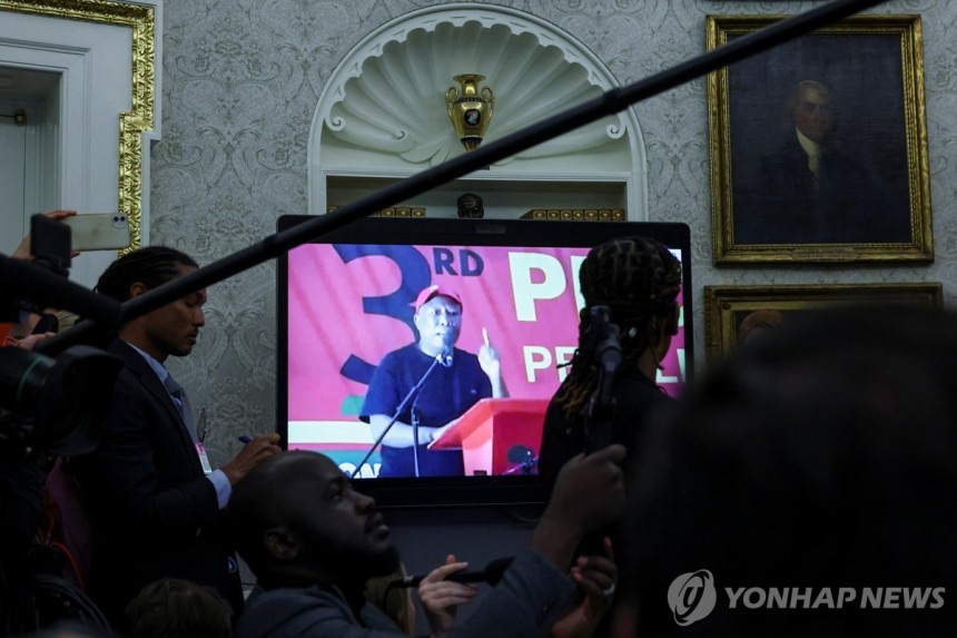미-남아공 정상회담장에서 상영되고 있는 동영상
[워싱턴 로이터=연합뉴스 재판매 및 DB금지]
