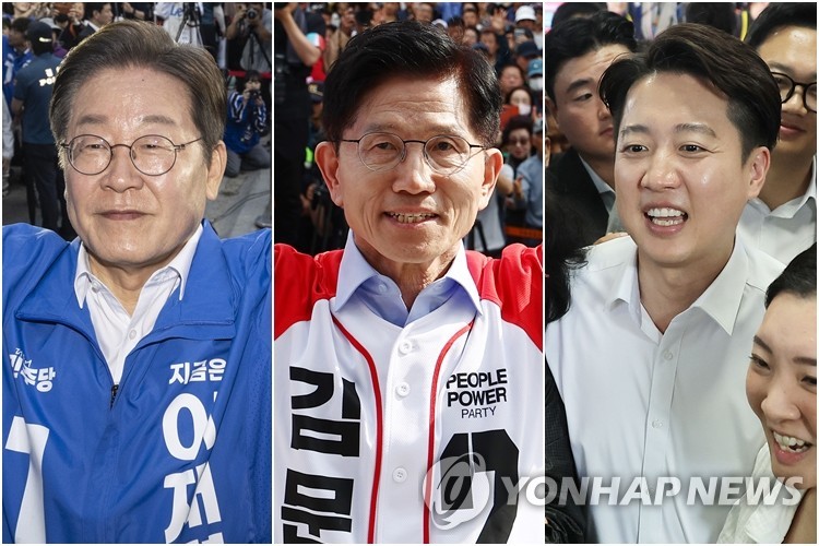 이재명, 김문수, 이준석 후보
(거제·밀양·부산=연합뉴스) 14일 거제에서 지지자들에게 인사하는 이재명 후보(왼쪽부터), 밀양 찾아 유세하는 김문수 후보, 부산 자갈치시장에서 시민들 만나는 이준석 후보