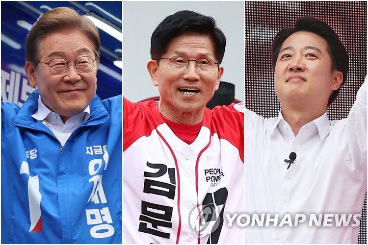 이재명, 김문수, 이준석 후보
(안양·안동·수원=연합뉴스) 24일 안양에서 집중유세하는 이재명 후보(왼쪽부터), 안동 방문한 김문수 후보, 수원에서 유세하는 이준석 후보