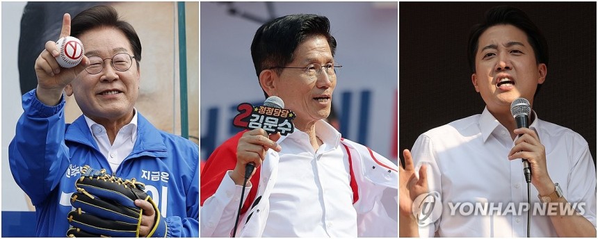 지지 호소하는 이재명·김문수·이준석
(서울=연합뉴스) 황광모 류영석 임화영 기자 = 제21대 대통령 선거 사전투표 첫날인 29일 더불어민주당 이재명 대선후보(사진 왼쪽부터)가 서울 송파구 잠실종합운동장 광장에서, 국