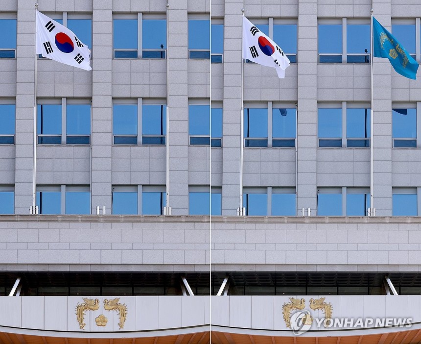 다시 게양된 대통령실 봉황기
(서울=연합뉴스) 홍해인 기자 = 21대 이재명 대통령 임기가 시작된 4일 서울 용산 대통령실 청사 봉황기 게양 전(왼쪽)과 후 모습. 2025.6.4 hihong@yna.co.kr
