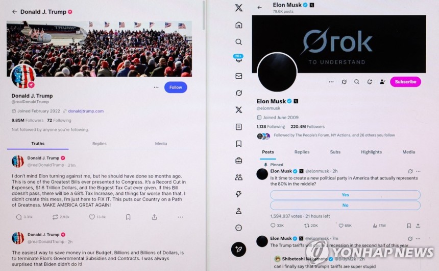 온라인서 설전 벌인 트럼프 대통령과 머스크 
[로이터=연합뉴스. 재판매 및 DB 금지]