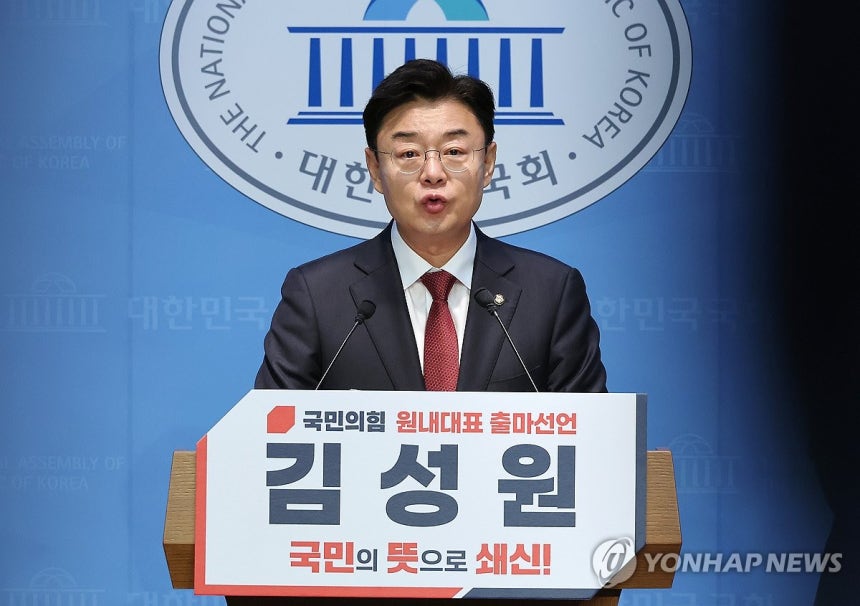 원내대표 출마 선언하는 김성원 의원 (서울=연합뉴스) 김주형 기자 = 국민의힘 김성원 의원이 12일 서울 여의도 국회 소통관에서 원내대표 출마 선언을 하고 있다. 2025.6.12 kjhpress@yna.co.kr