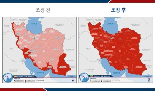 외교부, <b>이란</b> 전역 '<b>출국권고</b>' 지정…<b>이스라엘</b> 일부도 상향(종합)