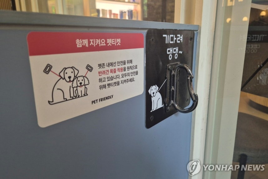 "기다려 댕댕"
(서울=연합뉴스) 이승연 기자 = 지난 19일 서울 마포구 경의선숲길에 위치한 할리스커피의 펫 프렌들리 매장에 붙어있는 '목줄 착용' 안내문. 2025.6.21 winkite@yna.co.kr