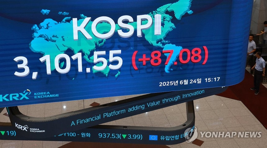 코스피 3년 9개월 만에 장중 3,100선 회복
(서울=연합뉴스) 신현우 기자 = 24일 서울 여의도 한국거래소 현황판에 코스피가 표시돼 있다.
    코스피가 이날 장중 3,100선 위로 올라섰다. 코스피 지수가 