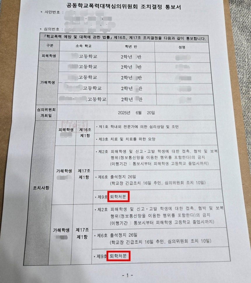 학폭심의위 결정 통지서
[독자 제공. 재판매 및 DB 금지]