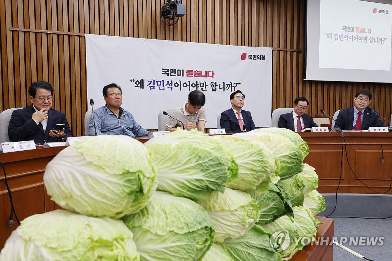 '포기배추' 쌓아놓고 "<b>김민석</b> 지명철회"…국힘 '국민청문회' 압박