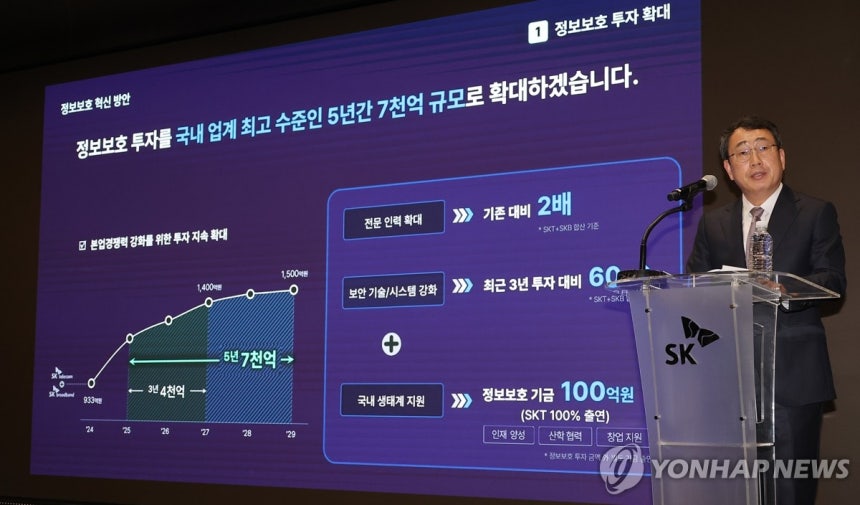 SKT 해킹 사태 관련 입장 및 향후 계획 발표 기자회견
(서울=연합뉴스) 류영석 기자 = 유영상 SK텔레콤 대표이사가 정부의 해킹 사태 관련 최종 조사 결과가 발표된 4일 서울 중구 SKT타워에서 열린 해킹 사태 
