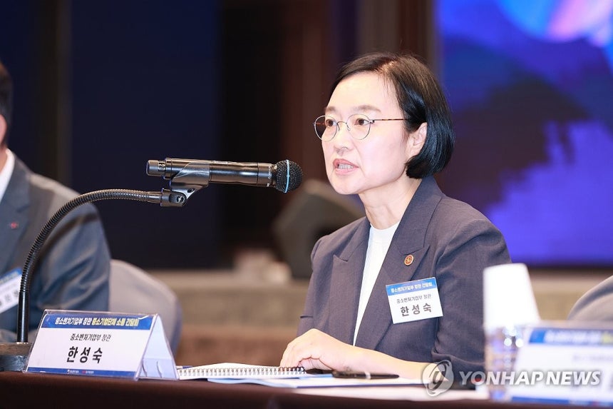 중소기업단체 소통 간담회 (서울=연합뉴스) 한성숙 중소벤처기업부 장관이 29일 서울 영등포구 중소기업중앙회에서 열린 '중소기업단체 소통 간담회'에서 모두 발언을 하고 있다. 2025.7.29 [중소벤처기업부 제공.