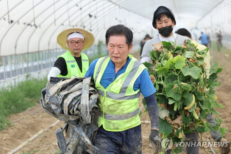 오이밭 <b>수해복구</b>하는 <b>정청래</b> 당대표