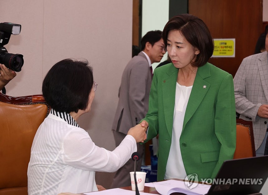 인사하는 추미애 위원장과 나경원 의원 (서울=연합뉴스) 박동주 기자 = 2일 서울 여의도 국회에서 열린 법제사법위원회 전체회의에서 국민의힘 나경원 의원이 추미애 위원장과 인사하고 있다. 2025.9.2 pdj6635