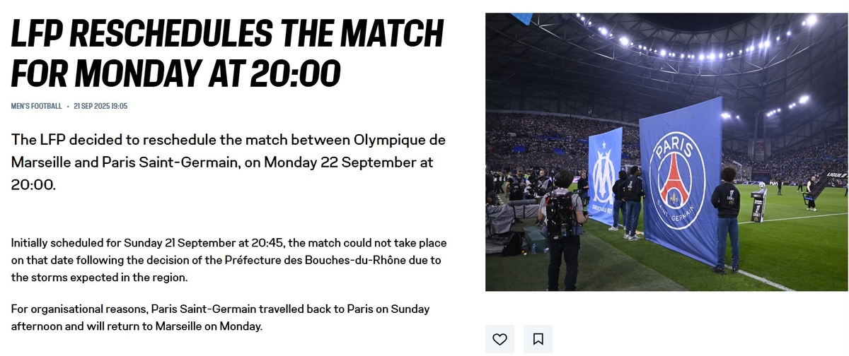 <b>이강인</b>의 <b>PSG</b>, 악천후로 <b>마르세유전</b> 하루 순연…23일 킥오프