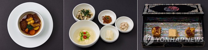 APEC 공식 환영만찬 메뉴 (경주=연합뉴스) 대통령실은 31일 경주 APEC 정상회의 공식 환영 만찬을 공개했다. 이번 만찬은 한국계 미국인 셰프 에드워드 리가 개발에 직접 참여했다. 왼쪽부터 갈비찜, 나물비빔밥,