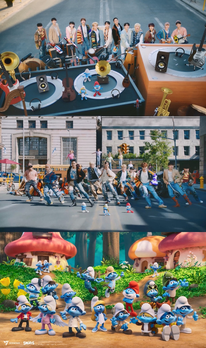 <b>세븐틴</b>, 스머프와 협업한 '<b>음악의 신</b>' 뮤직비디오 공개