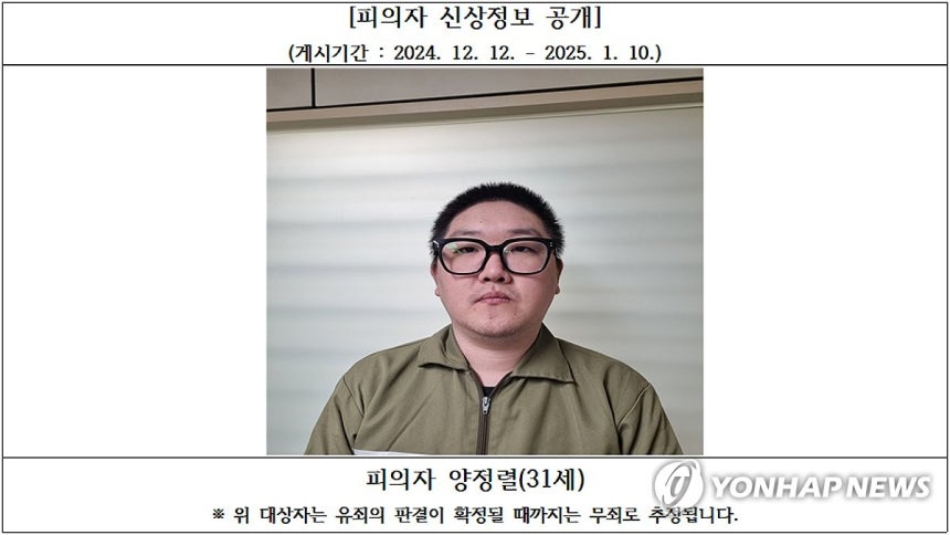 시신 지문으로 대출'김천 오피스텔 살인', 31세 양정렬 신상공개 (대구=연합뉴스) 윤관식 기자 = 일면식 없는 동갑내기 남성을 살해하고 피해자 지문으로 대출까지 받은 강도살인범 양정렬(31)의 신상정보가 12일 공