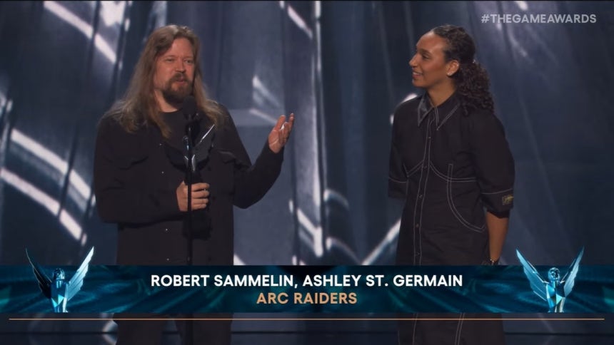 수상 소감 밝히는 로버트 사멜린 '아크 레이더스' 아트 디렉터 [더 게임 어워드 2025 중계방송 캡처]
