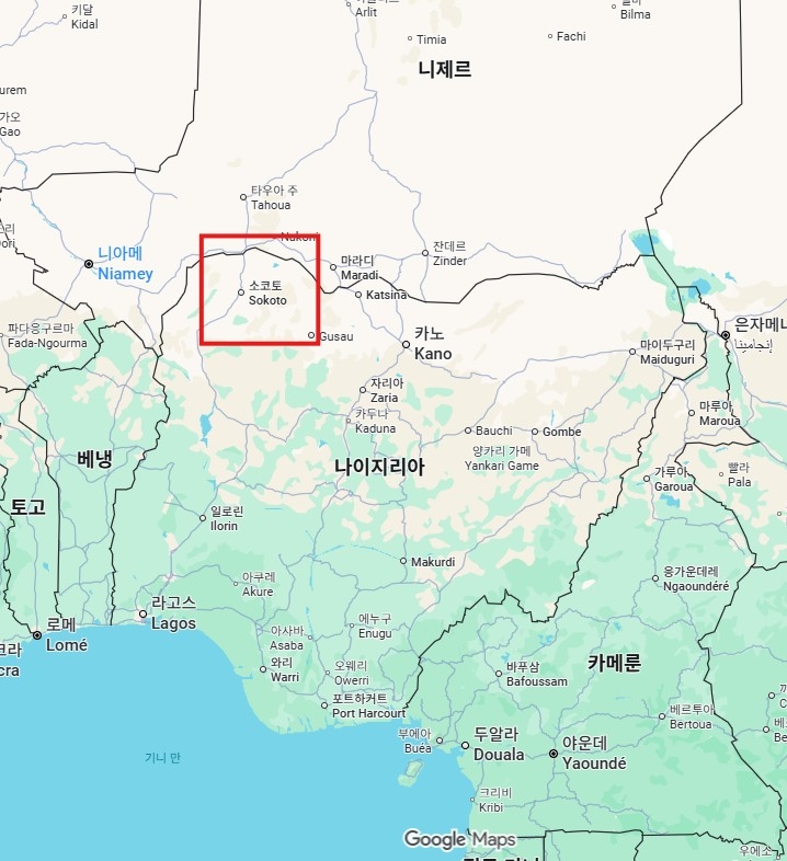 미군 공습 대상 지역인 나이지리아 소코토주(붉은색 사각형 표시) [구글 지도 캡처.재판매 및 DB 금지]