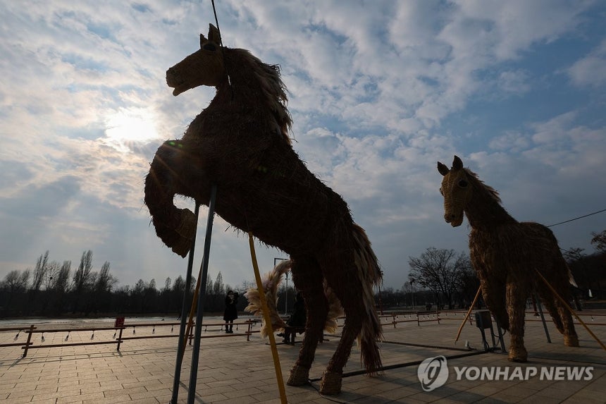 붉은 말의 해를 앞두고 (서울=연합뉴스) 서대연 기자 = 붉은 말의 해인 2026년 병오년을 앞둔 28일 서울 마포구 월드컵공원에 억새로 만든 말 '억새말 형제' 조형물이 설치돼 있다.2025.12.28 dwise