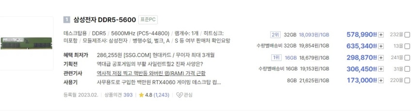 수십만원 호가하는 삼성전자 DDR5 램 가격 [다나와 캡처]