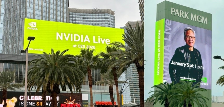 라스베이거스 시내 전광판에 걸린 젠슨 황 엔비디아 CEO의 기조연설 홍보 영상 (라스베이거스=연합뉴스) 권영전 특파원 = 세계 최대 가전·정보기술(IT) 전시회 