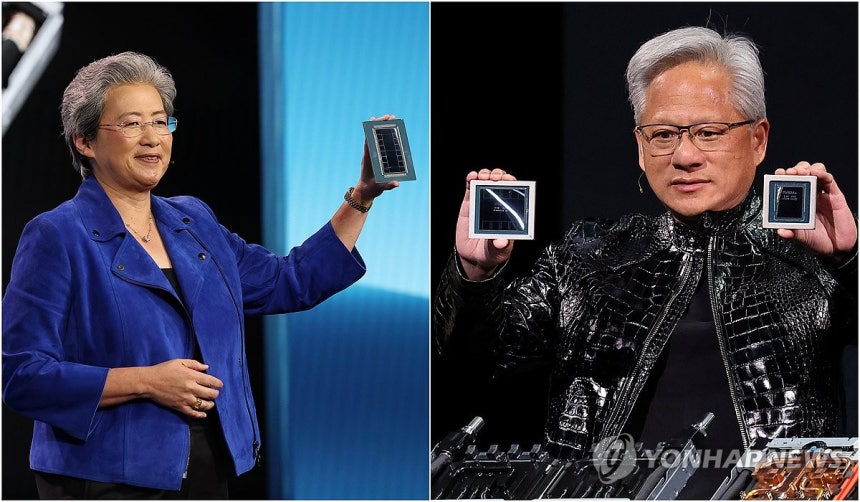 AI 반도체 공개한 엔비디아와 AMD (라스베이거스=연합뉴스) 김성민 기자 = 엔비디아와 AMD가 CES를 앞둔 5일(현지시간) 차세대 AI 반도체 칩을 공개했다.사진은 왼쪽부터 미국 네바다주 라스베이거스 