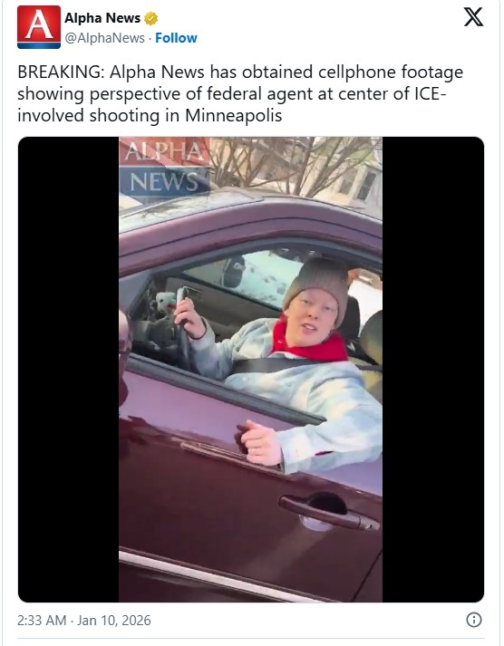 지난 7일 미네소타주 미니애폴리스에서 ICE 요원의 총격에 사망한 러네이 니콜 굿이 창문을 내리고 요원에게 말을 걸고 있다.[알파뉴스 X 캡처.재배포 및 DB 금지]