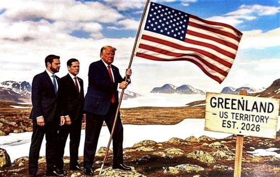'2026년부터 그린란드는 미국 영토'라고 적힌 팻말 옆에서 도널드 트럼프 미 대통령이 성조기를 든 이미지 [트럼프 대통령 트루스소셜 캡처. 재판매 및 DB 금지]